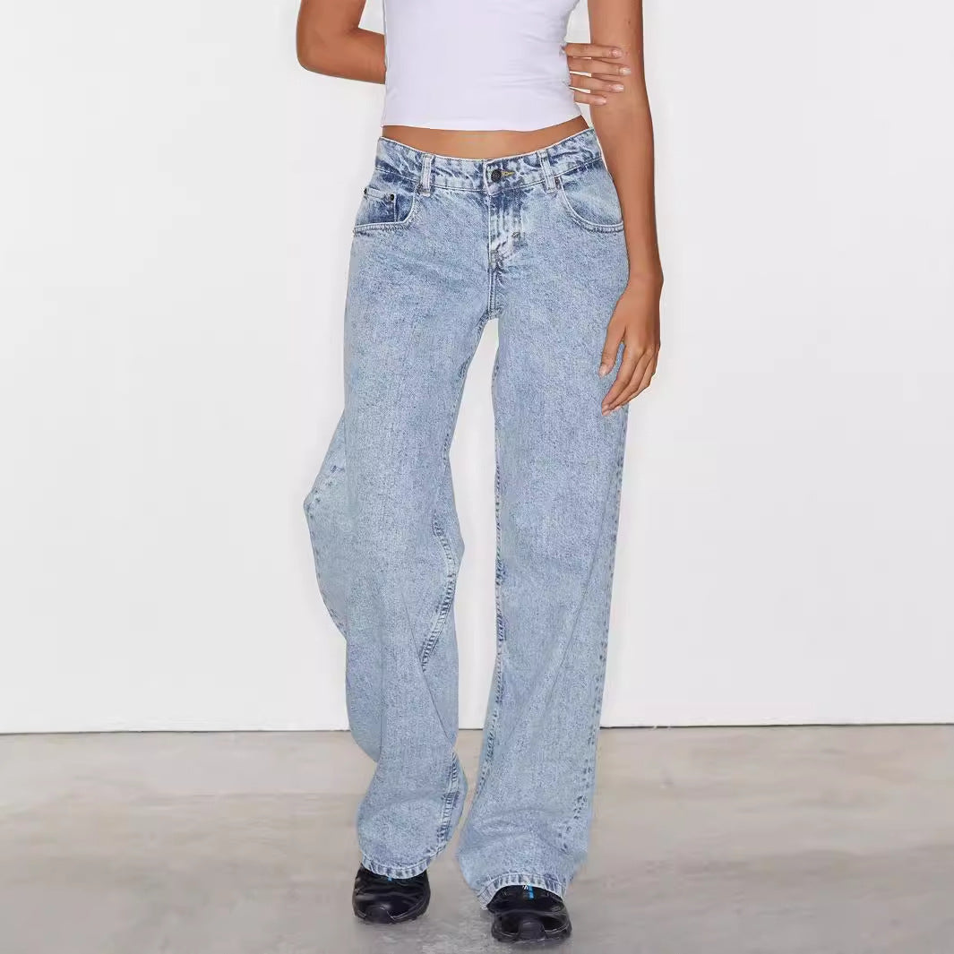 Women Fashion Casual Straight Wide Leg Jeans