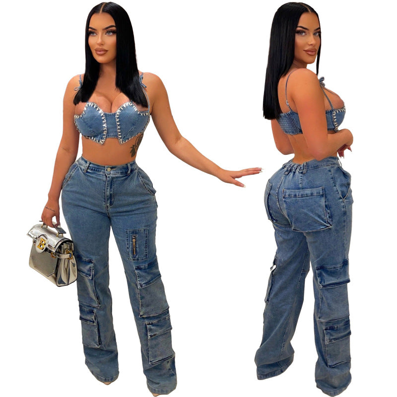 Women Fashion Casual Tooling Zipper Elastic Waist Cargo Jeans