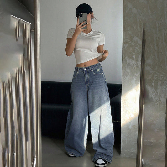 Women Fashion Casual Loose Wide-Leg Ripped Jeans