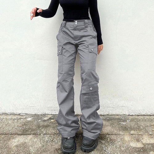 Women Denim Solid Color High Waist Pocket Loose Casual Fashion Jeans Cargo Pants