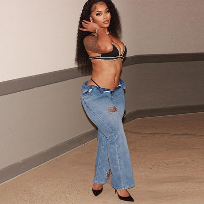 Women Fashion Casual Hollow Rhinestone Jeans