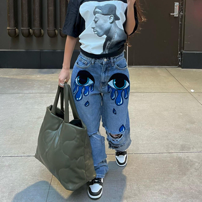 Women Edgy Casual Ripped Eyes Printing Wide Leg Jeans