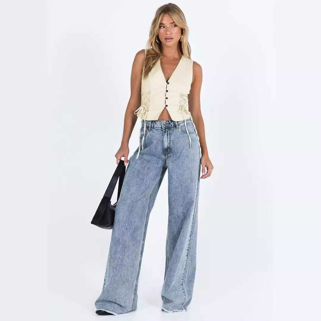 Women Fashion Casual Solid Color Loose Jeans