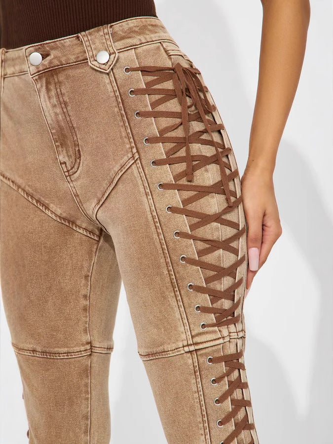 Women Fashion Casual Tight Side Drawstring Jeans