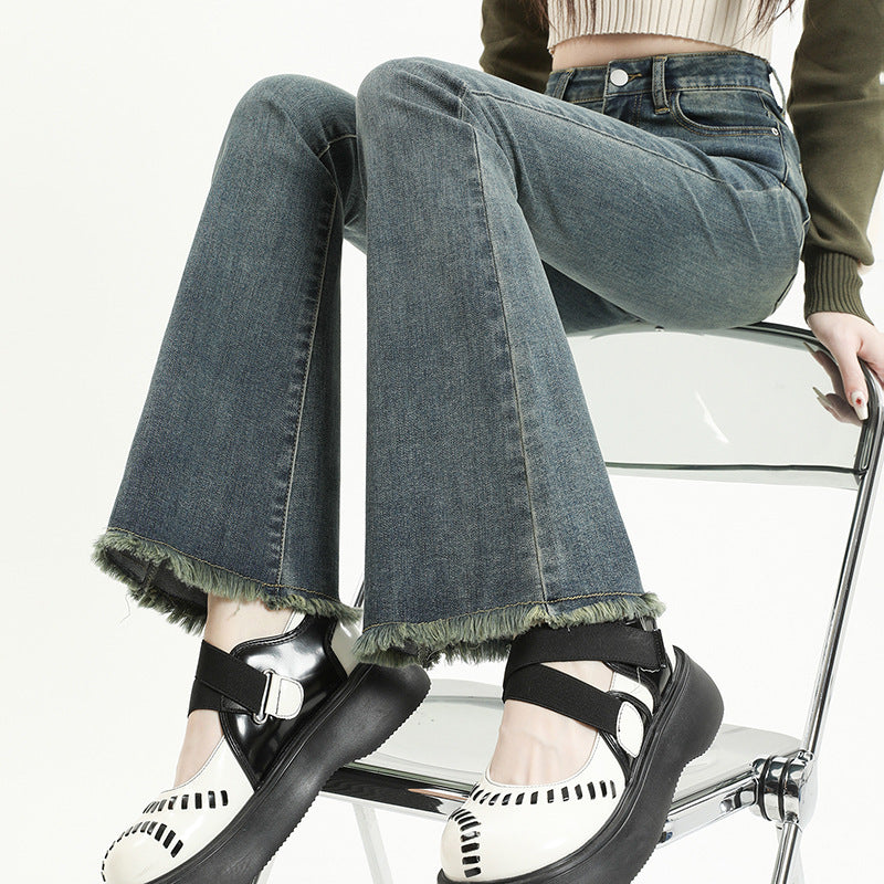 Women Fashion Casual Solid Color Raw Hem Denim Flared Jeans