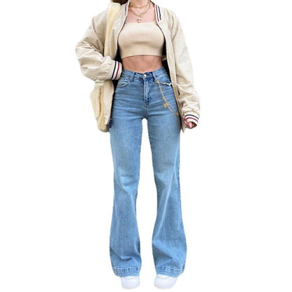 Women Street Casual Mid-Waist Blue Denim Pants Flare Jeans