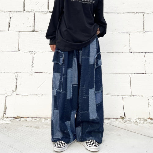 Women Loose Casual Stitching Patch Wide-Leg Multi-Pocket Jeans Cargo Pants