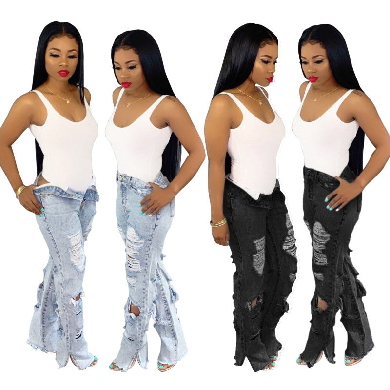 Women Fashion Casual Straight Ripped Jeans