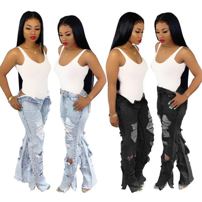 Women Fashion Casual Straight Ripped Jeans