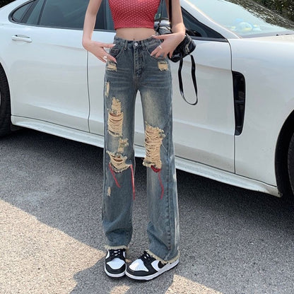 Fashion Casual Women'S Retro High Waist Ripped Jeans
