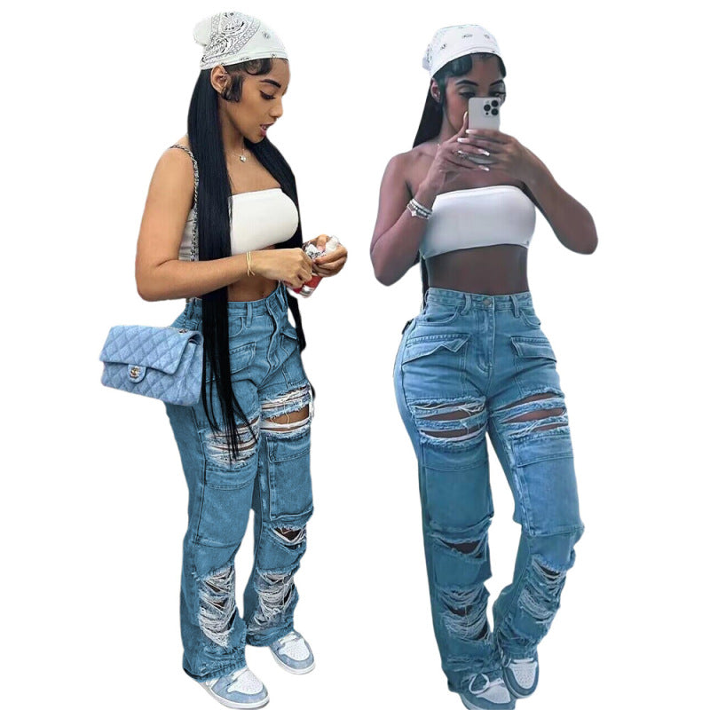 Women Casual Ripped Denim Pant Straight Jeans
