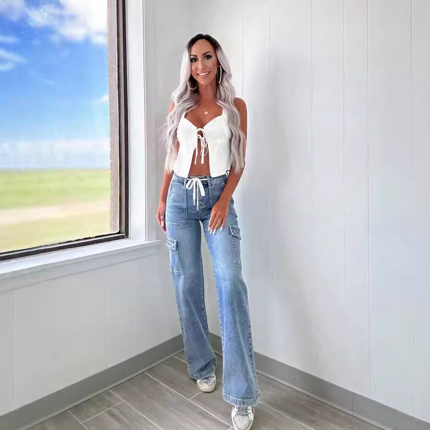 Straight-Leg Women Casual Lace-Up Multi-Pocket Cargo Jeans