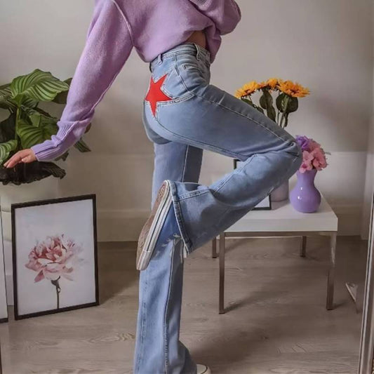 Retro Mid-Waist Pentagonal Pattern Casual Denim Bootcut Straight Jeans