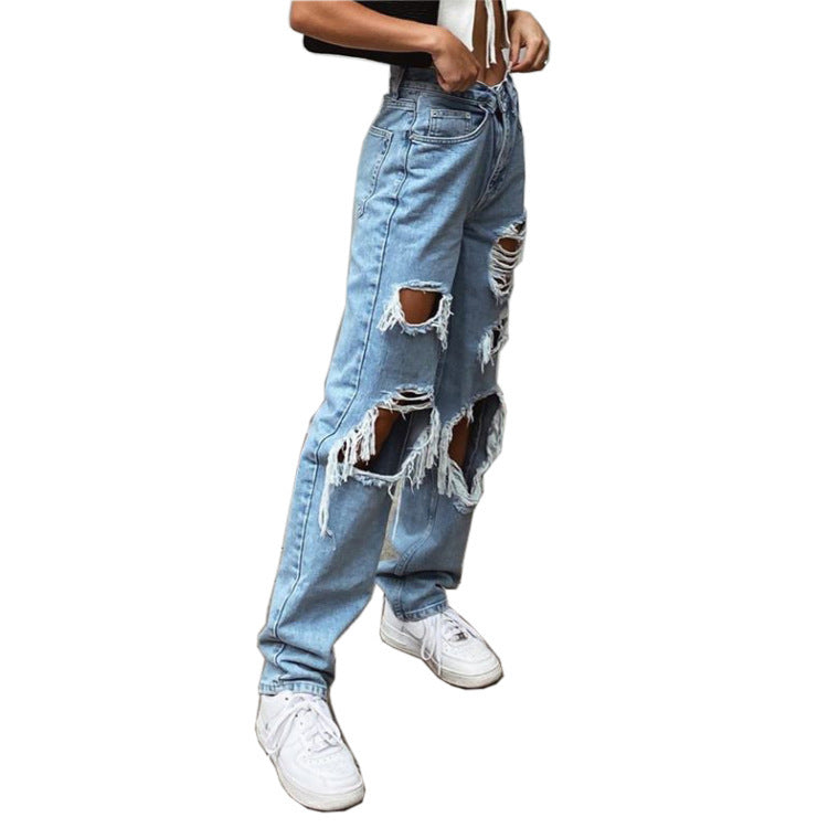 Women Fashion Casual Straight Leg Loose Ripped Jeans