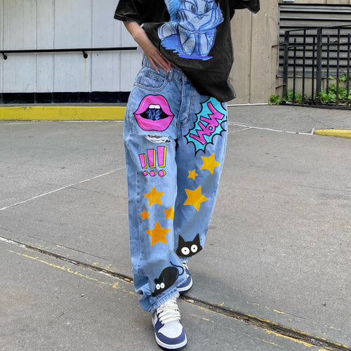 Women'S Fashion Casual Cartoon Printing Loose Denim Pants Wide-Leg Straight Jeans