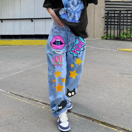 Women'S Fashion Casual Cartoon Printing Loose Denim Pants Wide-Leg Straight Jeans