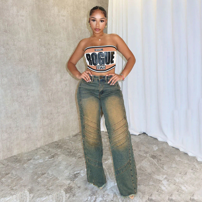 Women Fashion Casual Retro High Waist Stitching Loose Jeans