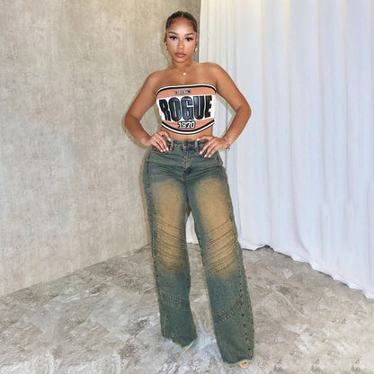 Women Fashion Casual Retro High Waist Stitching Loose Jeans