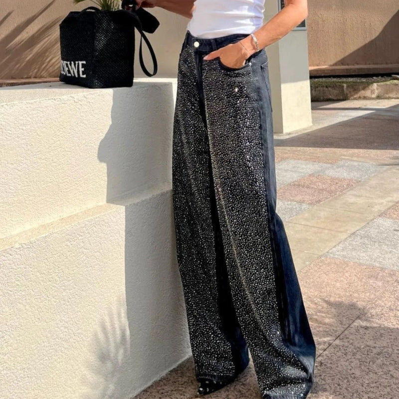 Women Fashion Casual Black Rhinestone Loose Jeans