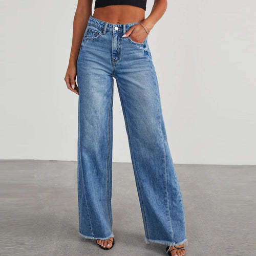Women Fashion Casual Loose Stitching Grinding Wide Leg Jeans