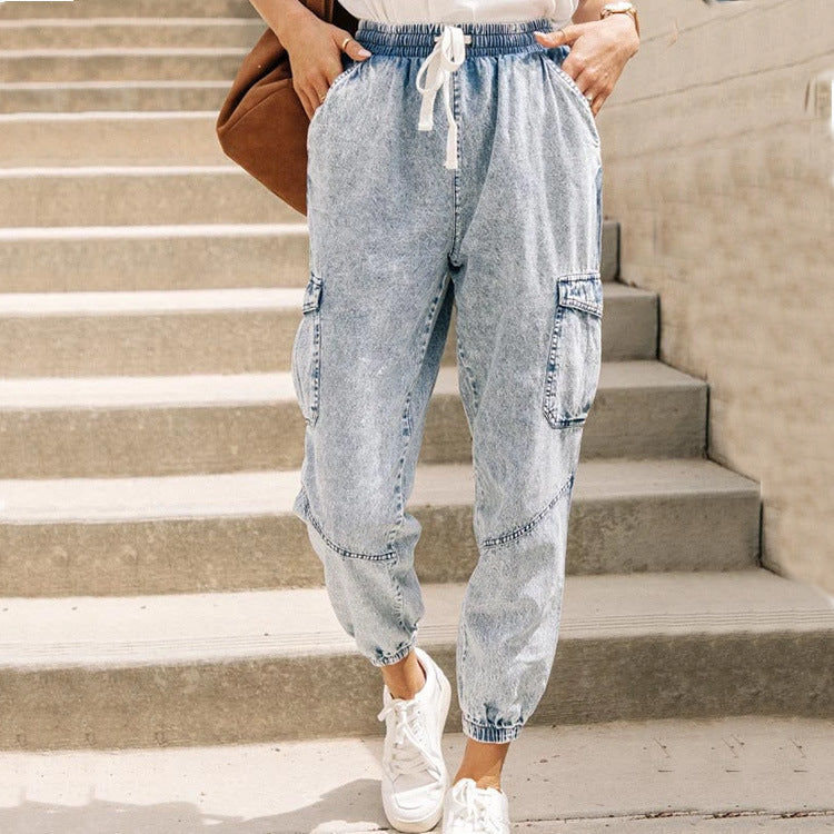 Women'S Fashion Casual Pocket Lace-Up Denim Jogger Jeans