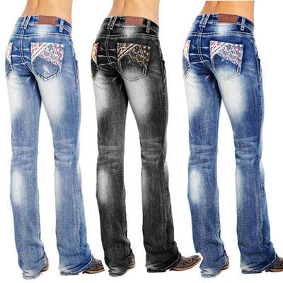 Women Fashion Casual Star Print Pocket Jeans