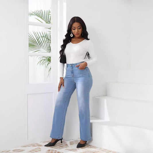 Women Fashion Casual High Waist Straight Jeans
