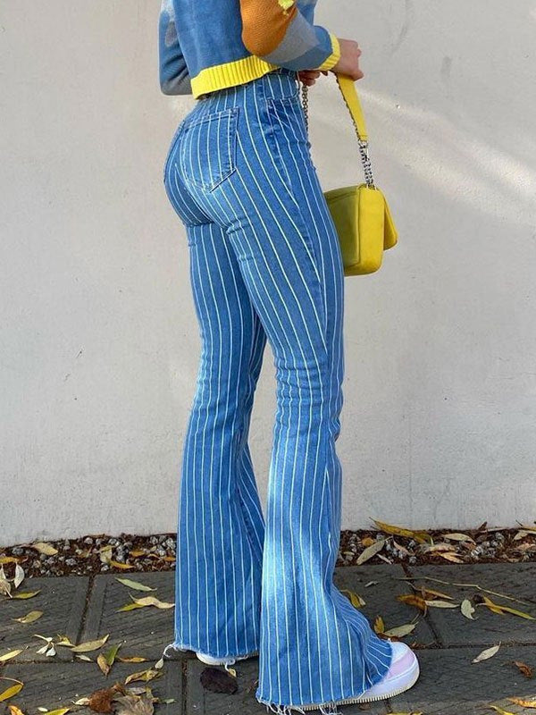 Women Fashion Casual Stripe Print Denim Flared Pants Jeans