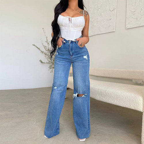 Women'S Casual High Waist Ripped Wide Leg Jeans