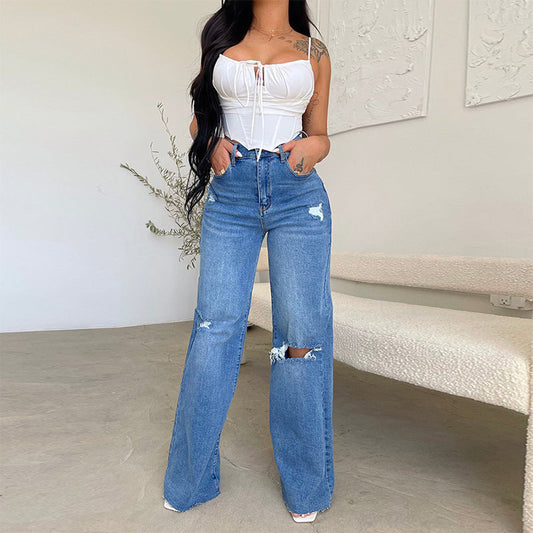 Women'S Casual High Waist Ripped Wide Leg Jeans