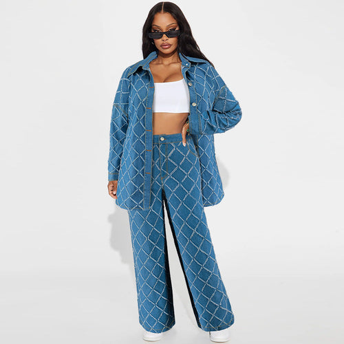 Women Fashion Casual Plaid Tassel Lapel Long Sleeve Top Loose Jeans Denim Two-Piece Set