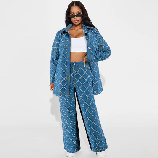 Women Fashion Casual Plaid Tassel Lapel Long Sleeve Top Loose Jeans Denim Two-Piece Set