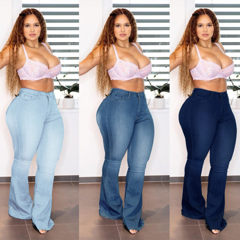 Plus Size Women Denim High Waist Slim Casual Flared Jeans