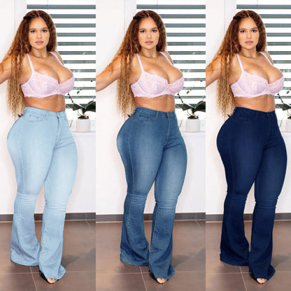 Plus Size Women Denim High Waist Slim Casual Flared Jeans