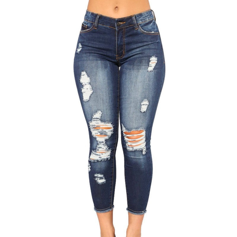 Women Casual Mid-Waist Stretchly Ripped Skinny Jeans
