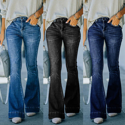Women Casual Basic Mid-Waisted Washed Wide-Leg Jeans