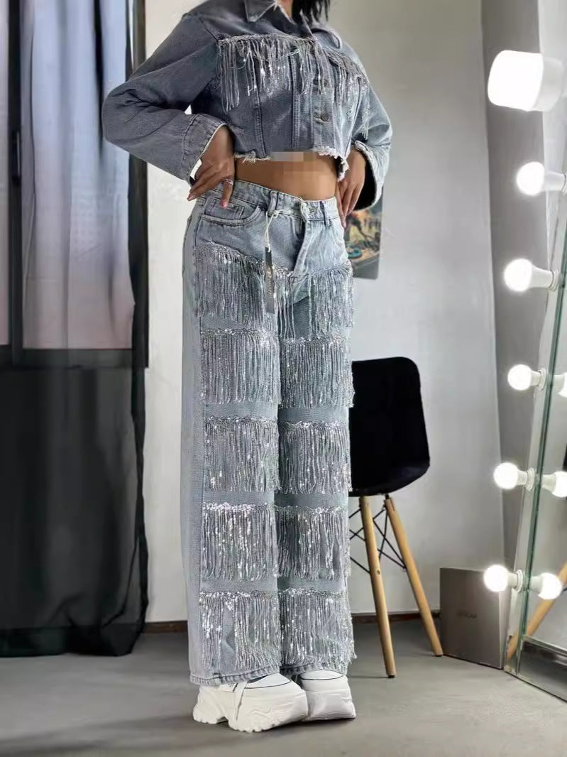 Women Fashion Casual Creative Sequin Tassel Straight Leg Jeans