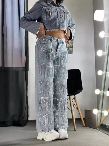 Women Fashion Casual Creative Sequin Tassel Straight Leg Jeans