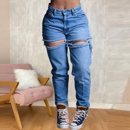 Women Casual Loose High Waist Ripped Jeans