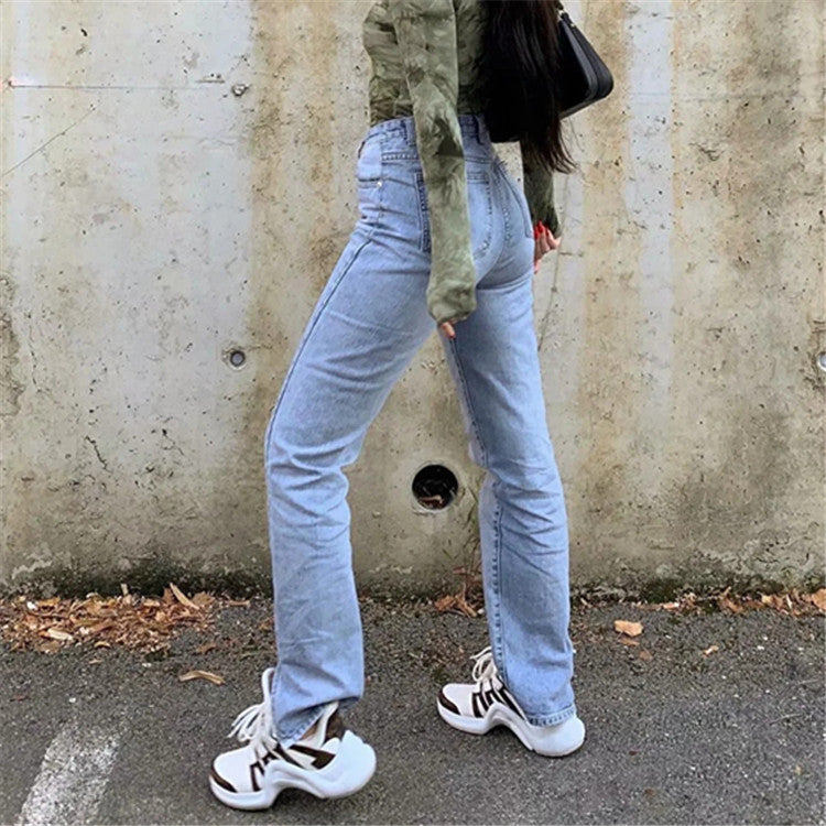 Women Fashion Casual Solid Color Front Split Defined Waist Denim Jeans