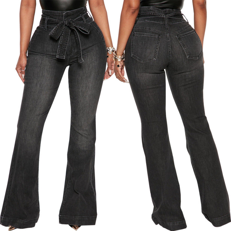 Women Fashion Casual Solid Color High Waist Elastic Flared Jeans