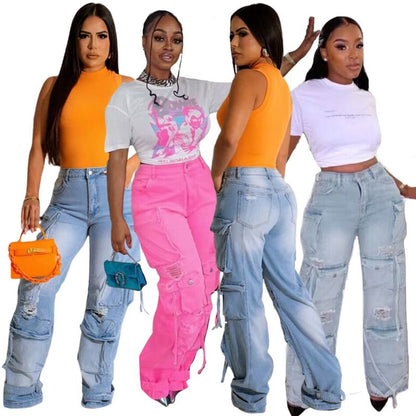 Women Fashion Multi-Pocket Casual Wide-leg Cargo Jeans