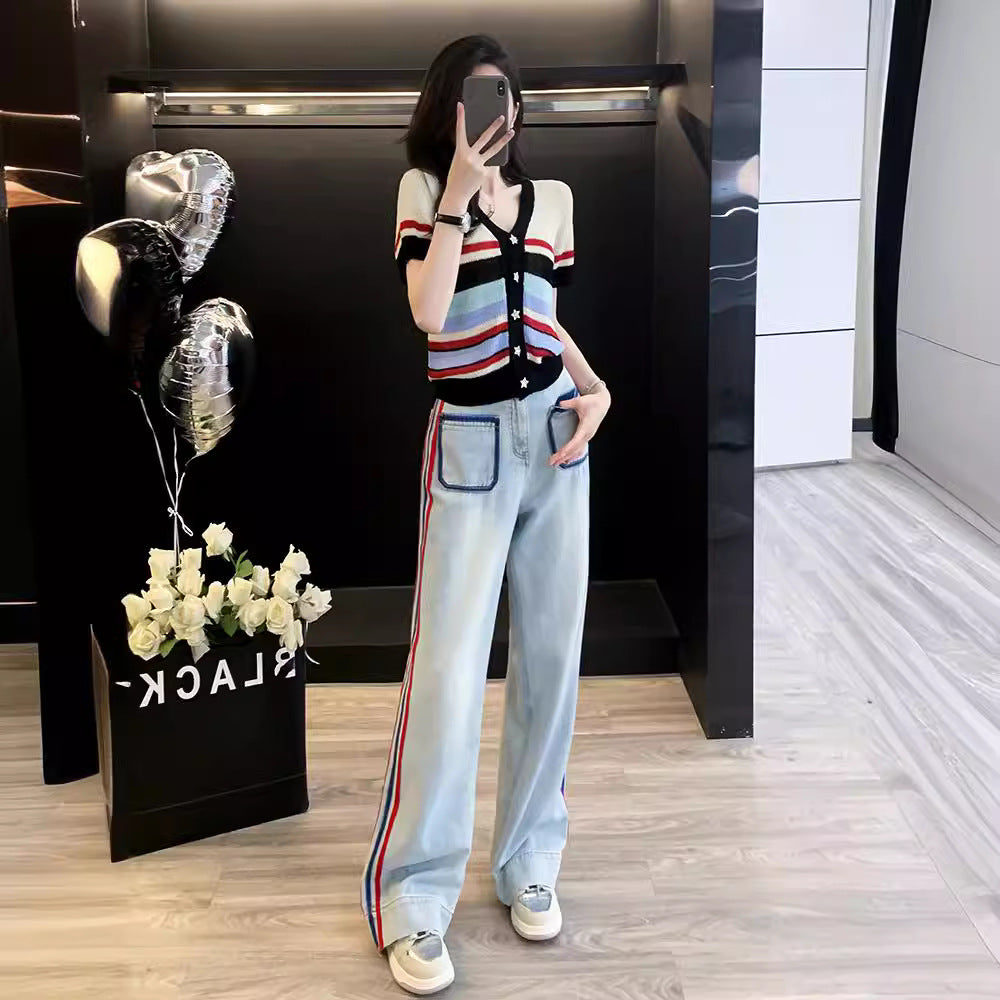 Women Fashion Casual Contrast Color Knitted Top Loose Straight Jeans Two-Piece Set
