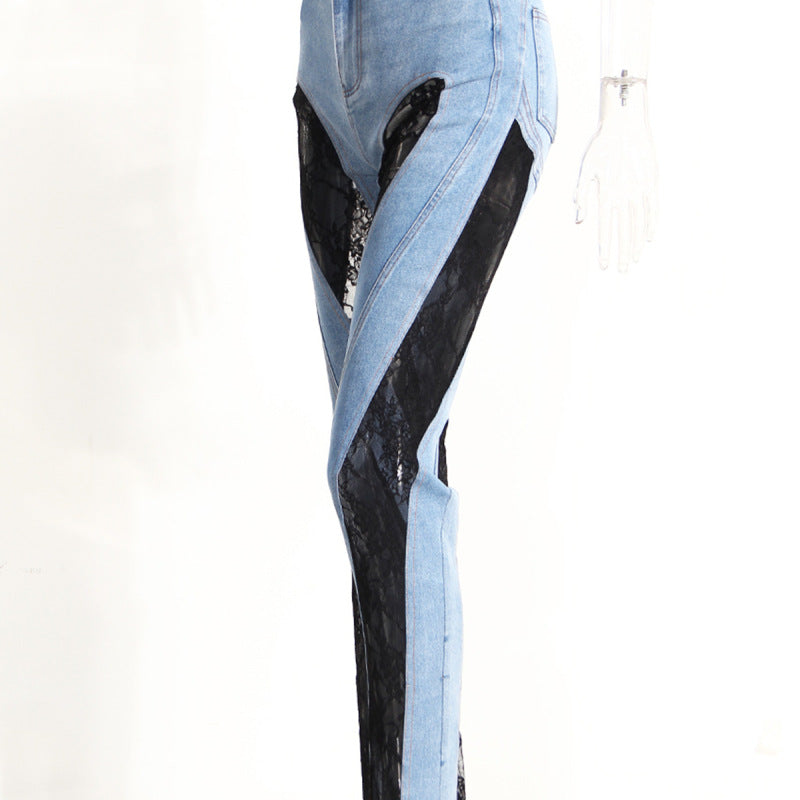 Women Fashion Casual Patchwork Lace High-Waist Straight Jeans