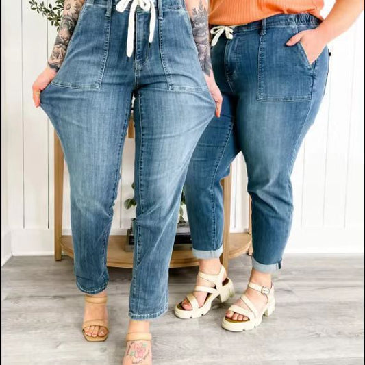 Women Casual Plus Size Real Pocket Stretch Washed Drawstring Jeans