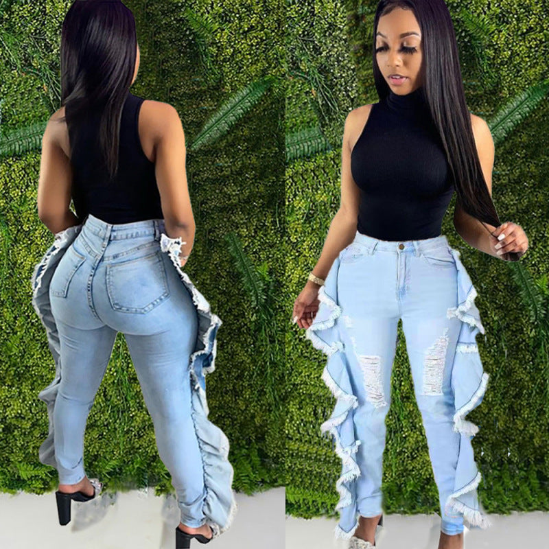 Women Fashion Casual Ripped Ruffled Tassel Skinny Jeans