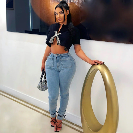 Women Fashion Casual Ripped Pearl Embellished Skinny Jeans