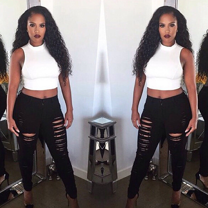 Women Casual Tight Hole Stretch Skinny Ripped Jeans