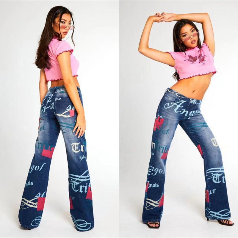 Women Fashion Casual Letter Printing Straight Jeans