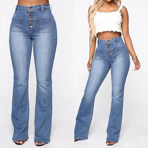 Women Fashion Casual High Waist Pocket Straight Jeans